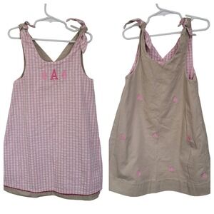 Just Ducky Reversible Dress Pink Gingham Tan Embroidered‎ Sailboats Sz 5 Mono A